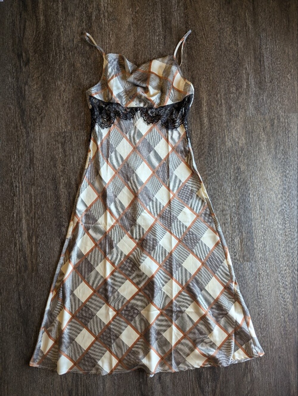 Plaid Satin Slip Dress with Lace Trim - Cream and Brown